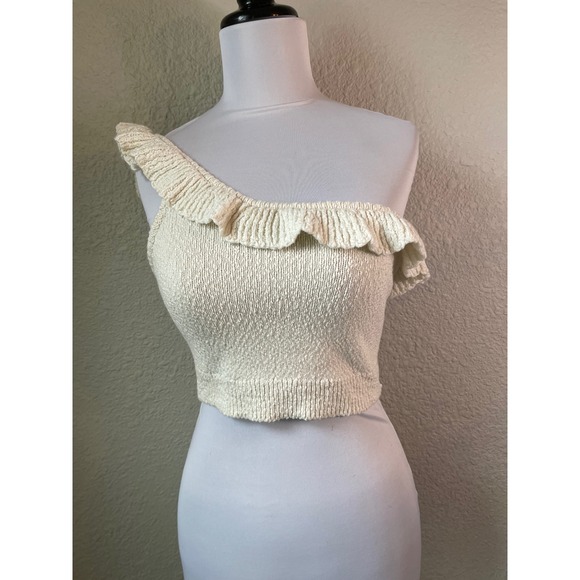 Urban Outfitters Tops - Urban Outfitters Ivory Knit Ruffle One Shoulder Crop Top - Size S